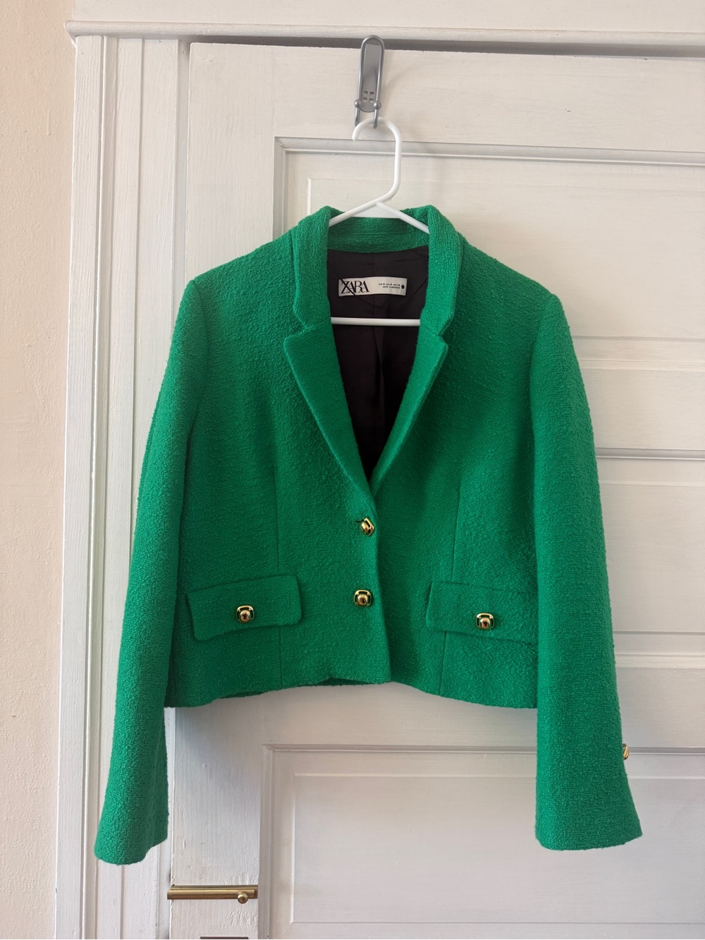 Zara Emerald Green Cropped Bouclé Blazer with Gold Buttons